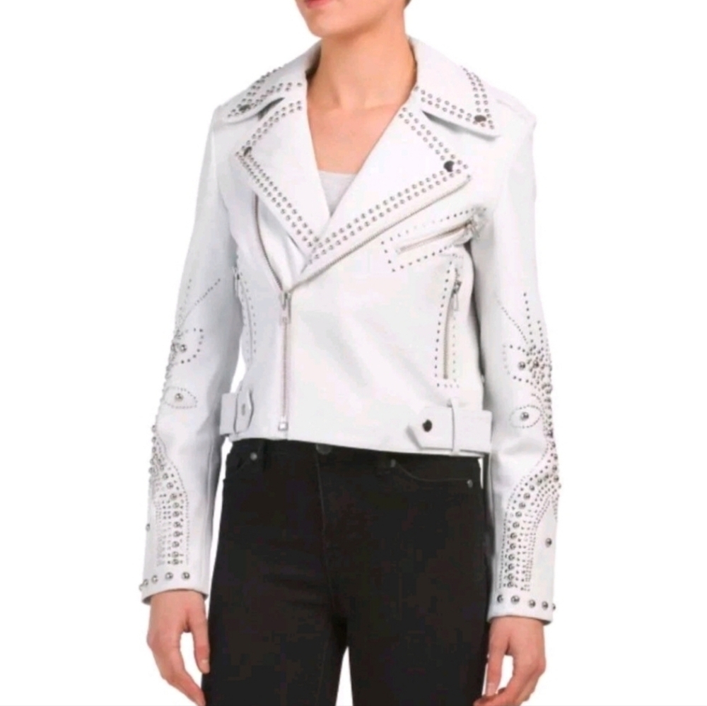 Belle Vere Studded White Leather Jacket Small